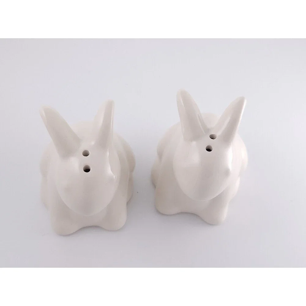 White Ceramic Bunny Salt and Pepper Shakers Set Miniature Rabbit Easter Spring